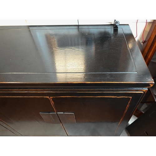 436 - A Lombok Chinese-style black lacquered sideboard, four central drawers flanked by cupboards all with... 