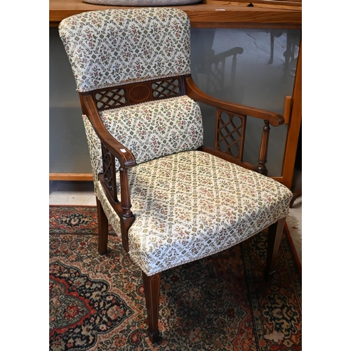 442 - An Edwardian Sheraton Revival style inlaid walnut opn framed part upholstered armchair