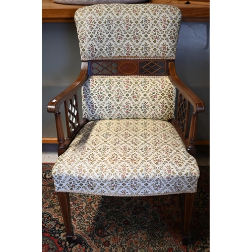 442 - An Edwardian Sheraton Revival style inlaid walnut opn framed part upholstered armchair