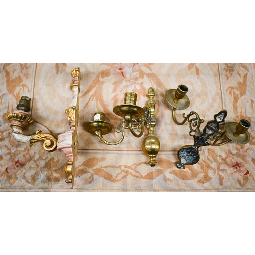 461 - Pair of brass twin-branch candle wall-sconces, to/w a painted and giltwood single sconce (3)