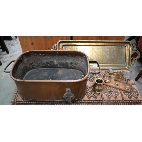 473 - Large copper oblong footbath with wrought iron handles to/w a set of postage scales with weight and ... 