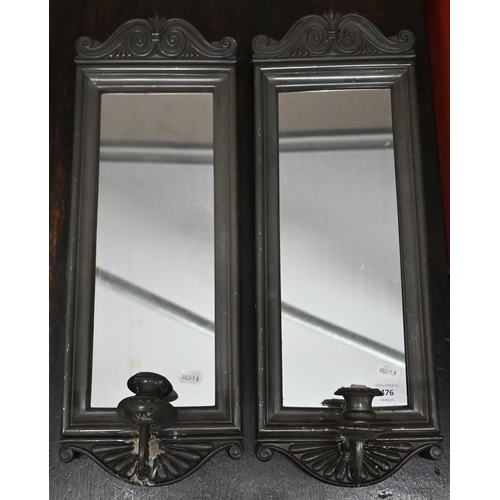 476 - Pair of pewter girandole mirrors with candle-sconces, 54 cm high. Note - crudely repaired - see imag... 