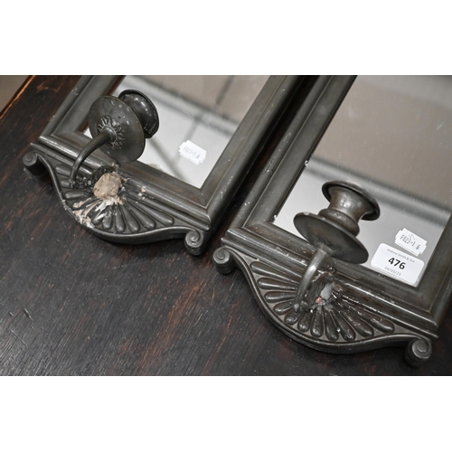 476 - Pair of pewter girandole mirrors with candle-sconces, 54 cm high. Note - crudely repaired - see imag... 