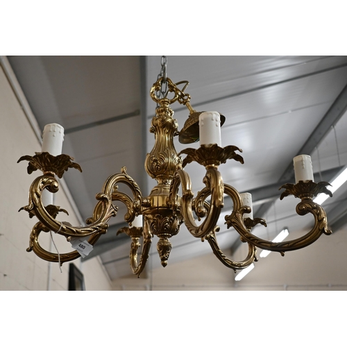 480 - # A brass six-branch electrolier with cast foliage, 75 cm diam x 50 cm high approx