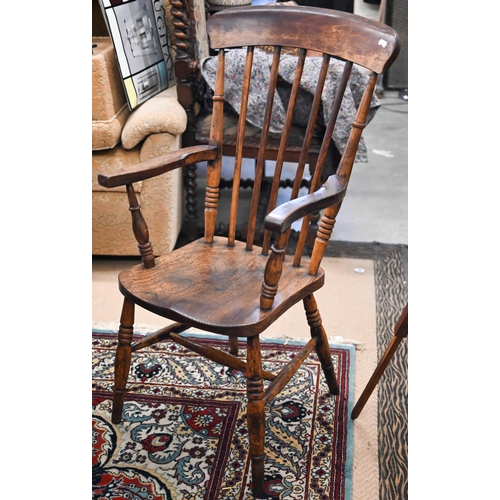 496 - Antique provincial stained beech Windsor chair with elm seat, turned legs and stretchers