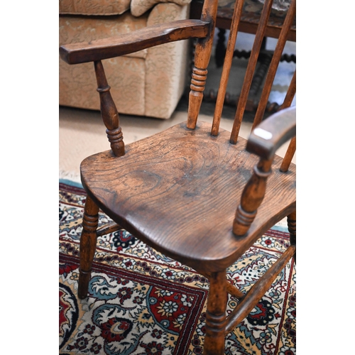 496 - Antique provincial stained beech Windsor chair with elm seat, turned legs and stretchers