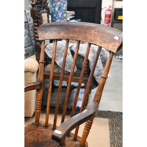 496 - Antique provincial stained beech Windsor chair with elm seat, turned legs and stretchers