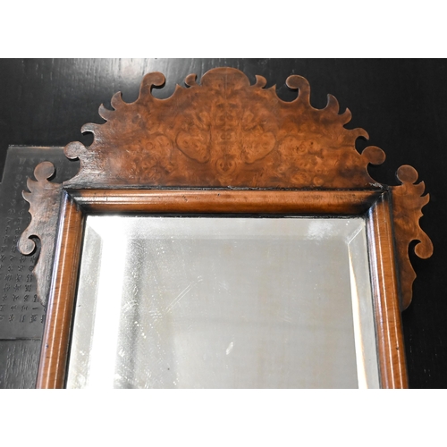 498 - Antique bevelled wall mirror in burr walnut fret cut frame, 58 cm high x 30 cm deep 