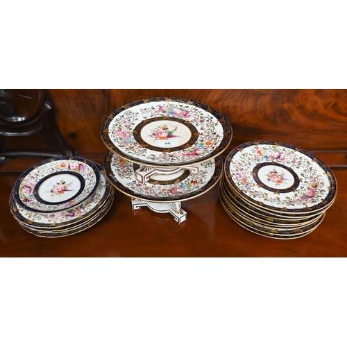 66 - Victorian Staffordshire china fruit service, delicately painted and gilded with floral design within... 