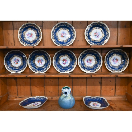 68 - Crown Staffordshire fruit service, printed and painted with floral sprays within powder-blue and gil... 