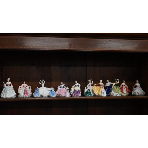 74 - Eleven Royal Doulton small figures of ladies (each 9-10 am high) to/w six miniature examples (5.5 cm... 