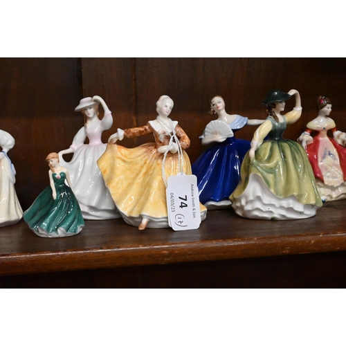 74 - Eleven Royal Doulton small figures of ladies (each 9-10 am high) to/w six miniature examples (5.5 cm... 