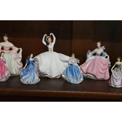 74 - Eleven Royal Doulton small figures of ladies (each 9-10 am high) to/w six miniature examples (5.5 cm... 