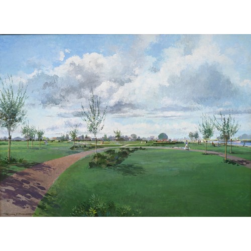 320A - Roger H Middlebrook - 'Runner in Park', oil on canvas, signed lower left, 79 x 108 cm