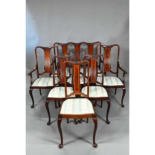 986 - A good Edwardian Sheraton Revival boxwood inlaid red walnut seven piece salon suite, comprising a tw... 