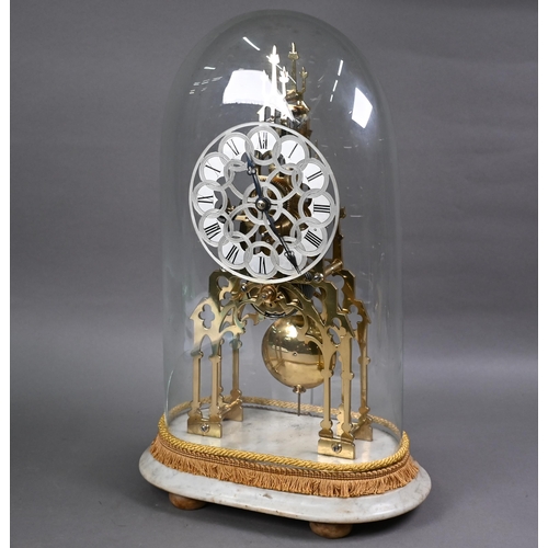 1009 - A Victorian brass framed single fusee skeleton clock, the pierced and engraved silvered dial with ro... 