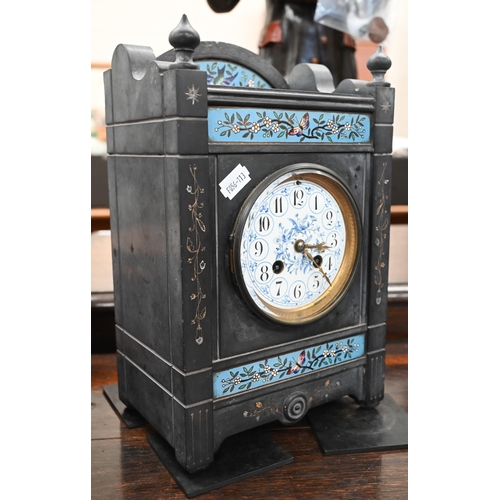 1010 - A Victorian Aesthetic Movement slate mantel clock with French drum movement, with painted enamel dia... 