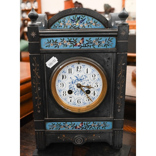 1010 - A Victorian Aesthetic Movement slate mantel clock with French drum movement, with painted enamel dia... 