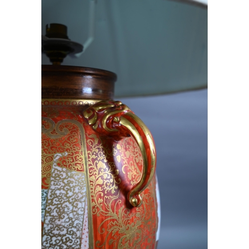 555 - A late 19th century Japanese Kutani vase (now lamp mounted) with mythical beast mask handles, painte... 
