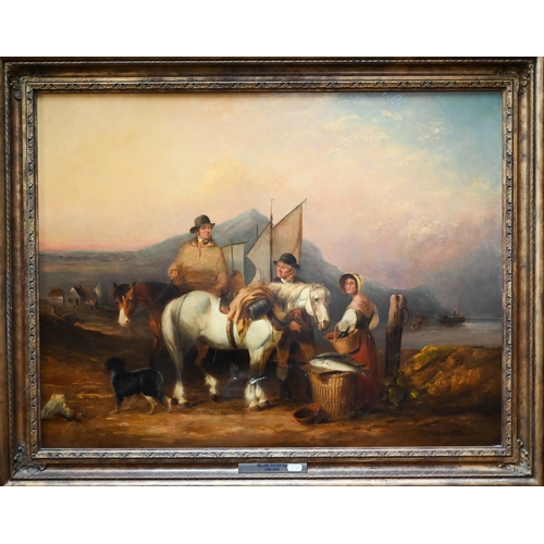 749 - William Shayer Snr (1788-1879) - Fisherfolk with horse on a foreshore, oil on canvas, 59 x 76 cm