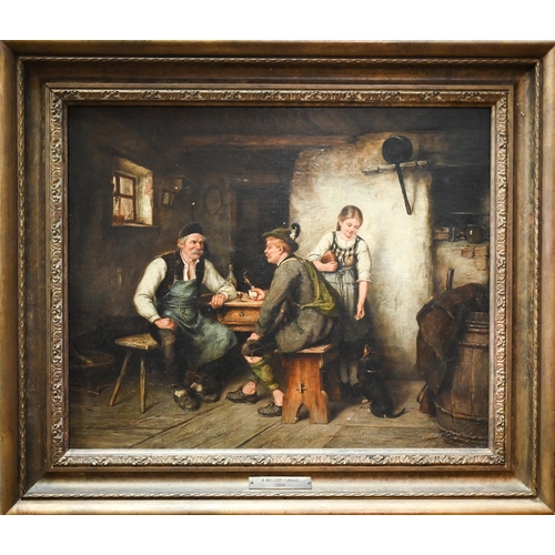 755 - A Muller Lingke (1844-1930) - A tavern interior, oil on canvas, signed lower left, 34 x 42 cm