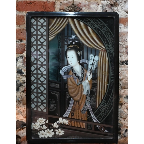 584 - A Republic period Chinese reverse painting on glass depicting interior scene with robed elegant lady... 