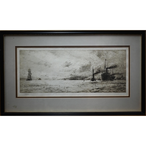 773 - After William Lionel Wyllie (1851-1931) - 'Port Glasgow and Dumbarton Rock', etching, pencil signed ... 