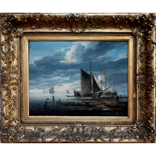 775 - 18th century French school - Marine scape with moored barques, oil on panel, 37 x 49 cm