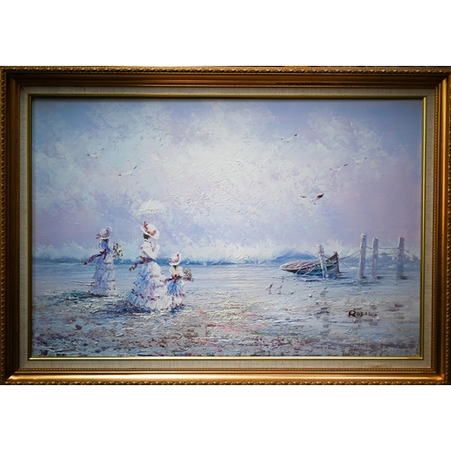 812 - Rossi - Impressionistic view of Victorian ladies on a beach, oil on canvas, signed lower right, 60 x... 