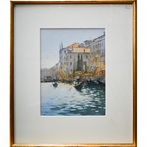 824 - Michael Felmingham (b 1935) - Gondolas at the Rialto, watercolour, signed lower left, 34 x 26 cm