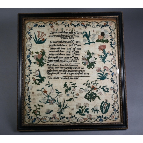 1147 - George IV needlework sampler, worked with the dates of birth of Joshua and Mary Smith and their six ... 