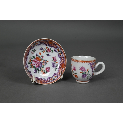 580A - An 18th century Chinese export famille rose miniature teacup, 4.5 cm h and saucer, 8.5 cm diameter, ... 