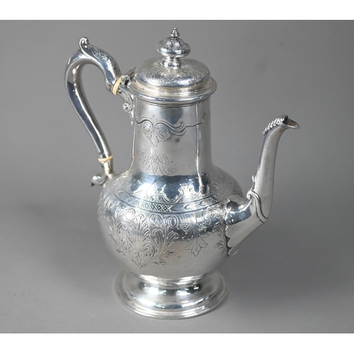 110 - Victorian silver baluster coffee pot with engraved decoration and scroll handle with ivory insulator... 