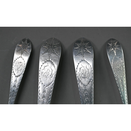 117 - Pair of George III Irish silver tablespoons with bright-cut stems, to/w two matching dessert spoons ... 