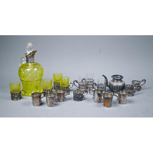 119 - An Edwardian silver-mounted cut uranium glass liqueur decanter and four matching glasses in pierced ... 