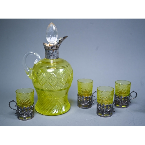 119 - An Edwardian silver-mounted cut uranium glass liqueur decanter and four matching glasses in pierced ... 