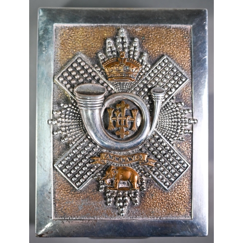 137 - A silver cigarette box, mounted with Highland Light Infantry Regimental badge, S.M. Levi Ltd, Birmin... 