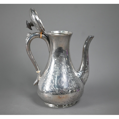 139 - A Victorian engraved silver pear-shaped coffee pot with engraved decoration, ebonised finial and ivo... 