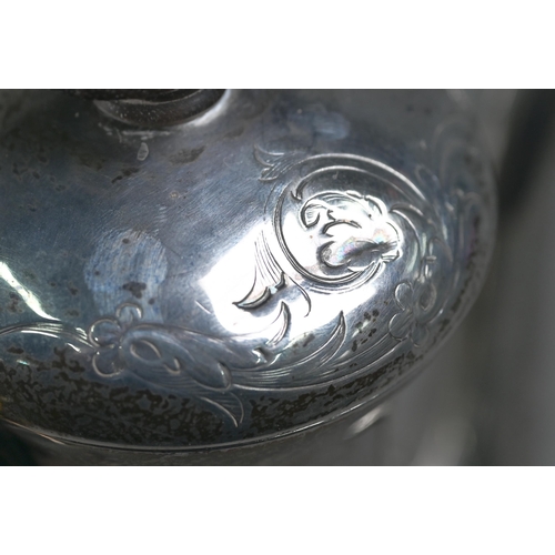 139 - A Victorian engraved silver pear-shaped coffee pot with engraved decoration, ebonised finial and ivo... 