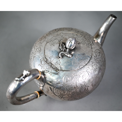 142 - AMENDED WEIGHT A Victorian silver bullet-shaped teapot with melon finial and engraved decoration, iv... 