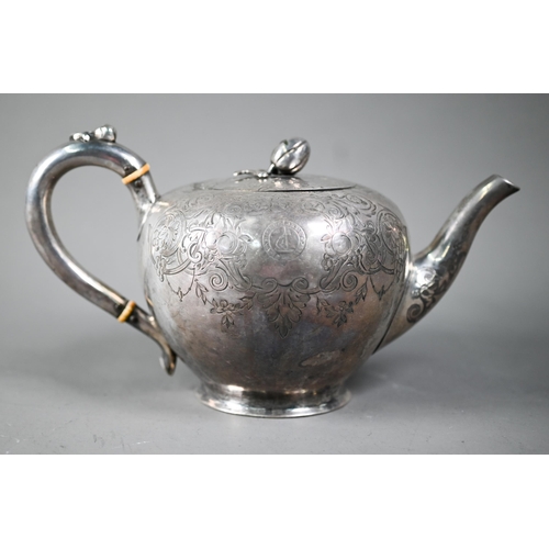 142 - AMENDED WEIGHT A Victorian silver bullet-shaped teapot with melon finial and engraved decoration, iv... 