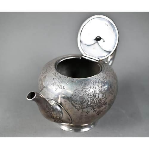 142 - AMENDED WEIGHT A Victorian silver bullet-shaped teapot with melon finial and engraved decoration, iv... 