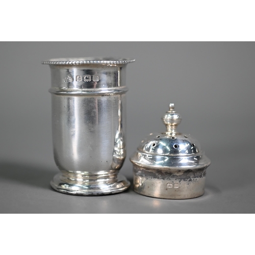 145 - A silver three-piece condiment set with blue glass liners, Birmingham 1932, to/w a pair of Dunstable... 