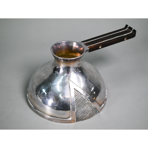 159 - Yvonne Renouf-Smith: an unmarked white metal modern design coffee pot of domed form, with rosewood-m... 