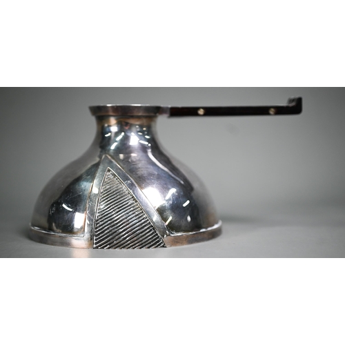 159 - Yvonne Renouf-Smith: an unmarked white metal modern design coffee pot of domed form, with rosewood-m... 