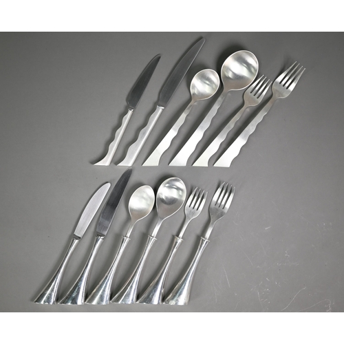 160 - Yvonne Renouf-Smith: Two unmarked white metal modern design six-piece cutlery sets, 30oz (not warran... 