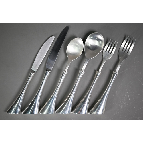 160 - Yvonne Renouf-Smith: Two unmarked white metal modern design six-piece cutlery sets, 30oz (not warran... 