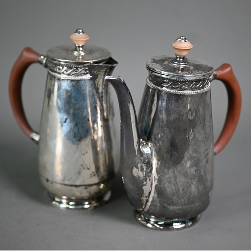 Liberty & Co Ltd: a planished silver cafe au lait pair with beaded guilloche moulded rim, composite finial and handles, Birmingham 1936, 23oz gross, model no. 5858