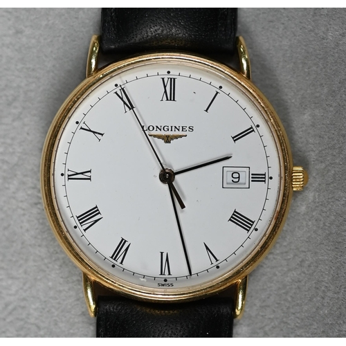 255 - A gents Longines 18ct gold cased (33 mm) wristwatch model L7 990 6, the white enamel dial with date ... 