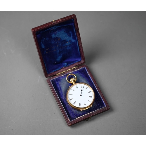 268 - An 18ct gold cased fob watch, white enamel dial with roman numerals, 38 cm dia.